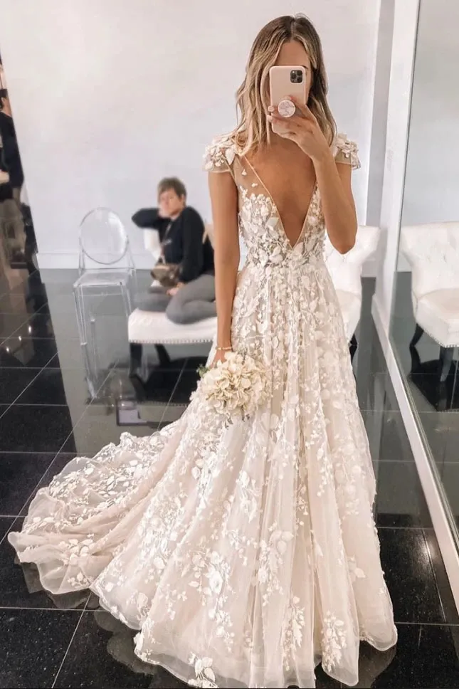 Promfast Stylish V Neck Tulle Cap Sleeves Appliques Long Prom Dress PFP1841